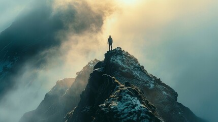 A person standing confidently on a mountain symbolizing the limitless potential of synthetic biology in aiding human progress and achievement. .
