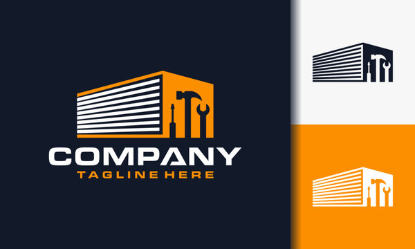 simple logo building apartment warehouse vector, with building, hammer, wrench, screwdriver, garage icons