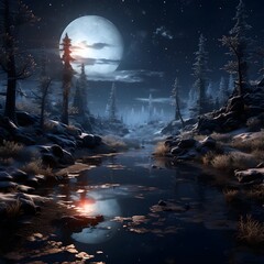 Fantasy landscape with a full moon over a forest lake. 3d rendering