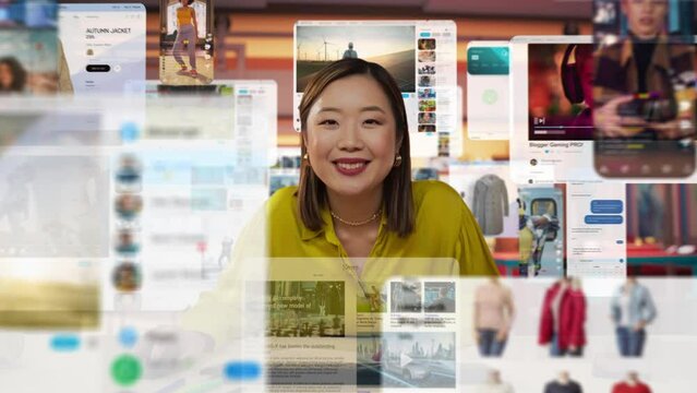 Asian Woman Engages with Future Technology as She Interacts with a Dynamic Array of Floating Digital Screens Displaying News, Social Media, and Lifestyle Content in a Bright, Modern Workspace