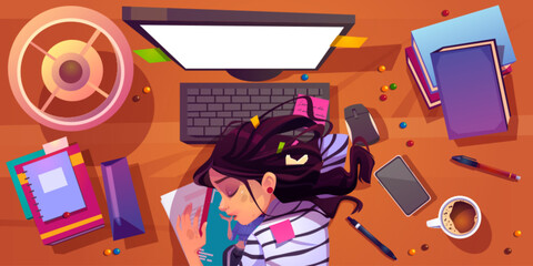Tired woman sleep at office computer desk vector. Exhausted, stress and fatigue girl worker with low motivation. Messy student table and burnout female character. Overtime and lack energy lady - obrazy, fototapety, plakaty