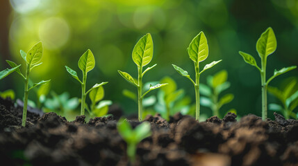 Row of Young Green Plants Emerging from Fertile Soil with Sunlight