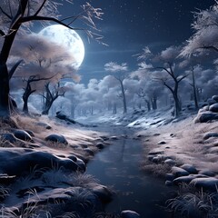 Winter landscape with full moon and snowy trees. 3d illustration.