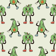 A seamless pattern with funny, cute and smiling apple and avocado character in a groovy style