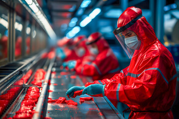 Factory worker in protective suit working on the production line in a factory.
