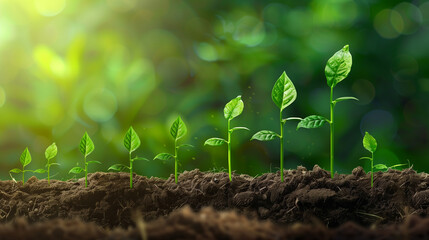 Row of Young Green Plants Emerging from Fertile Soil with Sunlight