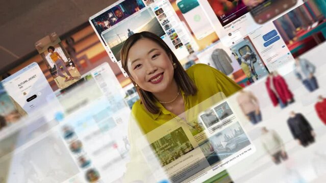 Stylish Asian Woman Engages in Online Shopping and Web Browsing at a Modern Home Office. Video Concept of the Essence of the Creator Economy, Featuring Dynamic UI Design and E-commerce Activity