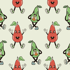 A seamless pattern with funny, cute and smiling pear and avocado character in a groovy style vector illustration