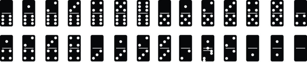 Set of Dominoes icons in Fill styles. Dominoes bones art designs. Concept for game graphic elements. Block for gambling. Series wooden chip. Stone for tournament, casino on transparent background.