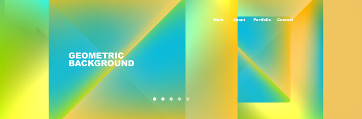 The geometric background features a gradient of azure and orange, reminiscent of the sky at dusk. Tints and shades of aqua and electric blue add a touch of technology to the design