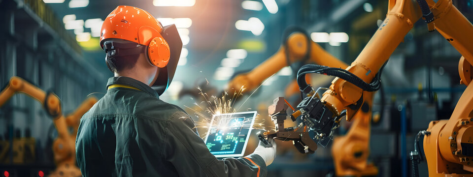 Manager engineer check and control automation robot arms machine in intelligent factory industrial on real time monitoring system software. Welding robotics and digital manufacturing operation