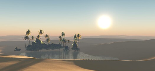 Panorama of the desert. Oasis and palm trees. banner.3D rendering