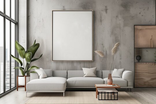 Mockup photo of a large poster in a minimalist urban contemporary sparse living room