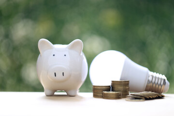 Piggy bank and stack of coins money with light bulb on natural green background,Saving money and...