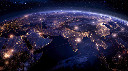 illuminated outlines of continents and bright lines connecting various points, suggesting global networks and connections - obrazy, fototapety, plakaty