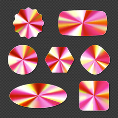 Obraz premium Pink hologram sticker with metal foil gradient. Iridescent circle with holographic color gradation for button. Cd disc circular rose oval swatch icon collection. Abstract shiny neon square badge set