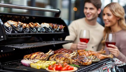Couple enjoying tranquil moment by barbecue with tasty dishes and cold beverages