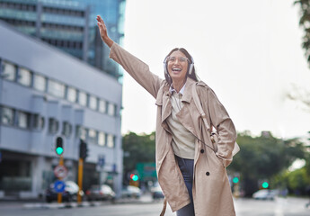 City, headphones and woman with hand out for taxi, morning commute and urban professional with smile. Travel, streaming music and happy gen z girl on street to hail cab for transport in New York