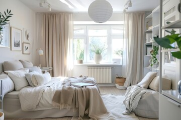 Scandinavian style small studio apartment with stylish design in light pastel colors with big...