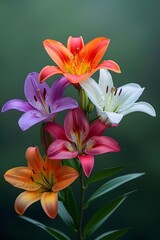 different colored flowers bloom on the same stem of a lily on a green soft focus background, bokeh