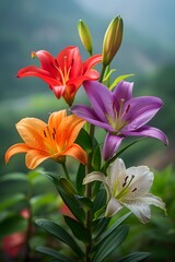Fototapeta premium different colored flowers bloom on the same stem of a lily on a green soft focus background, bokeh