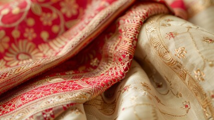 Closeup of delicate embroidery on a handwoven sari celebrating the timeless elegance and traditional techniques of South Asian fashion. .