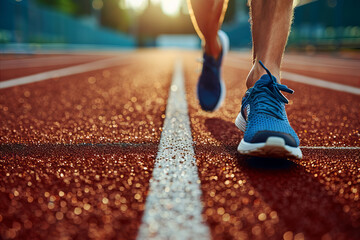 Close up of an athletes sports shoes running on a sports track on sunny day