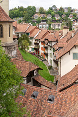 Close up of traditional tiled roofs of houses in the old city, Bern, Switzerland, 15 Aug 2022