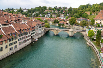 Panoramic views of the Aare river, bridge and rooftops, Bern, Switzerland, 15 Aug 2022
