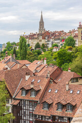 Beautiful old town and prominent cathedral tower in Bern, Switzerland