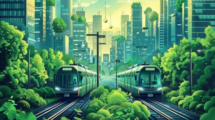 A digital painting of a futuristic city with green trees and plants growing everywhere and a train passing through the middle. - obrazy, fototapety, plakaty