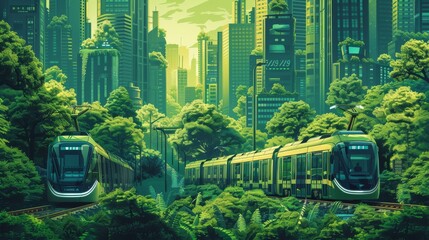 Futuristic Trains Gliding through a Lush Urban Forest with Skyscrapers in Background