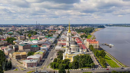 Rybinsk, Russia - August 16, 2020: Rybinsk bridge and Spaso-Transfiguration Cathedral (Cathedral of the Transfiguration of the Lord) in Rybinsk, Aerial View