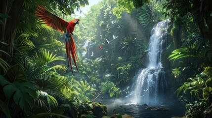 A hidden waterfall in an exotic jungle teems with life, featuring vivid parrots and lush greenery.