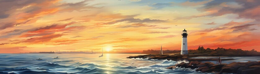 Naklejka na ściany i meble Nautical dawn, serene watercolor portrayal of a lighthouse with the sunrise in the background, peaceful ocean view , close up, hyperrealistic, super-detailed