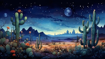 Starry night over a watercolor desert, cacti silhouetted against a deep blue sky speckled with white stars , watercolor, chubby cute cartoon