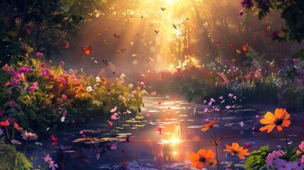 Digital painting of a colorful flower garden with hummingbirds and butterflies in a dreamlike setting. - obrazy, fototapety, plakaty