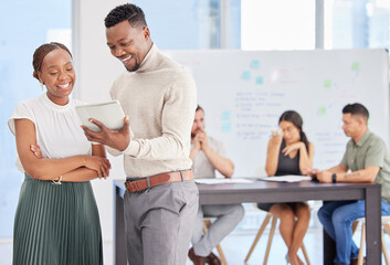 Obraz premium Man, woman and tablet for planning presentation with smile for teamwork, discussion and proposal. Business partnership, touchscreen and ready to pitch for capital, investment and ideas for startup