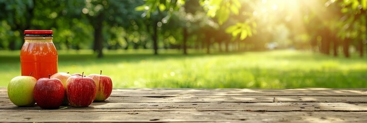 Rustic wooden table displays variety of snacks and drinks in picturesque picnic scene