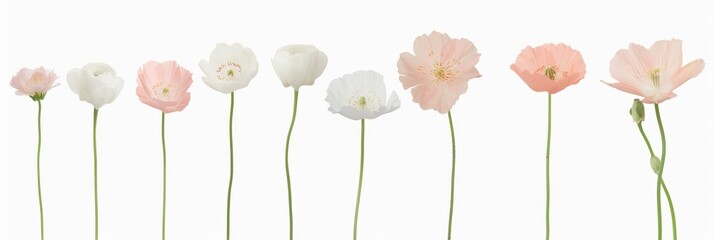 Beautiful Lineup of Various Elegant Flowers on White