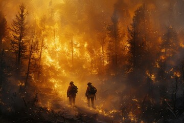 Fototapeta premium Two people walking through a forest filled with fire. Generative AI