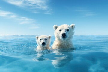 Two polar bears swimming in the water. Generative AI