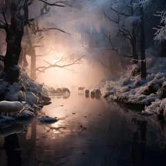 Fototapeten Winter landscape with river and trees in foggy forest at night. © Iman
