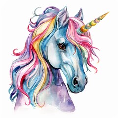 Obraz na płótnie Canvas Watercolor painting of a unicorn portrait with a rainbow mane isolated on white background