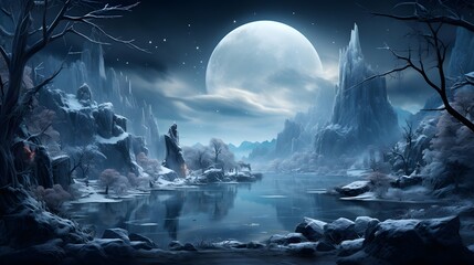Fantasy landscape with frozen river and full moon. 3d illustration
