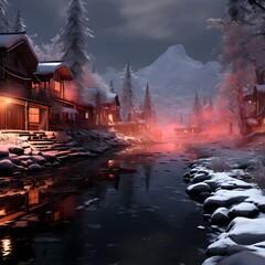 Winter night in the village. Wooden houses on the bank of the river.