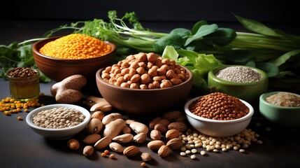 Vegan protein sources display, including lentils, chickpeas, and nuts, healthconscious eating concept