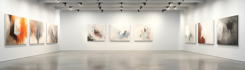 Art gallery interior with white walls and concrete floors, featuring a single abstract painting, refined and sophisticated