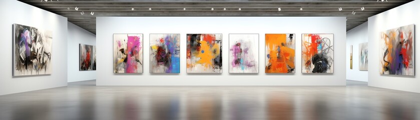 Art gallery interior with white walls and concrete floors, featuring a single abstract painting, refined and sophisticated