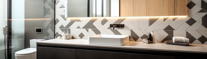 Compact and functional bathroom design with geometric tiles, frameless mirror, and a floating vanity, modern minimalism